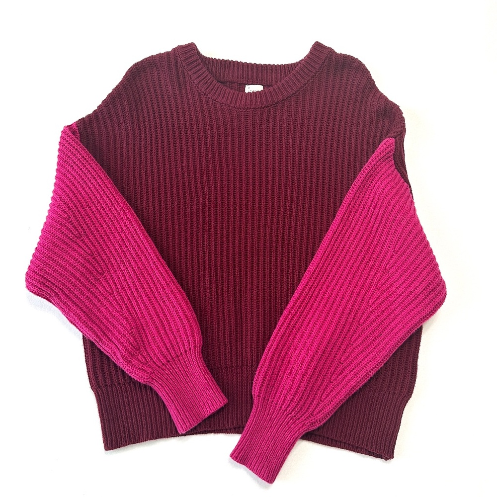 A New Day Women's Chunky Knit Sweater Pink & Burgundy Colorblock Size XL